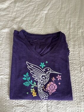 Life Is Good Heathered Purple Hummingbird Floral V-Neck Long Sleeve XL
